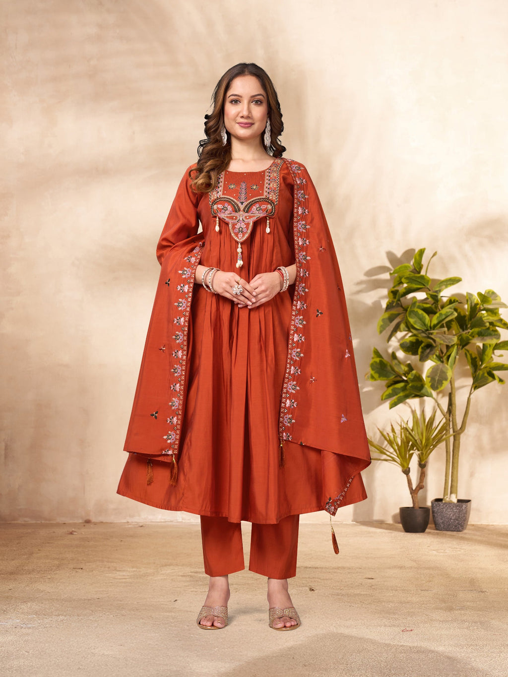 Lorenvalley Fashion Rust Roman Silk Multi Sequence Embroidery Thread With Hand Work Anarkali Kurti Pant Dupatta | Grocsy