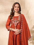 Lorenvalley Fashion Rust Roman Silk Multi Sequence Embroidery Thread With Hand Work Anarkali Kurti Pant Dupatta | Grocsy