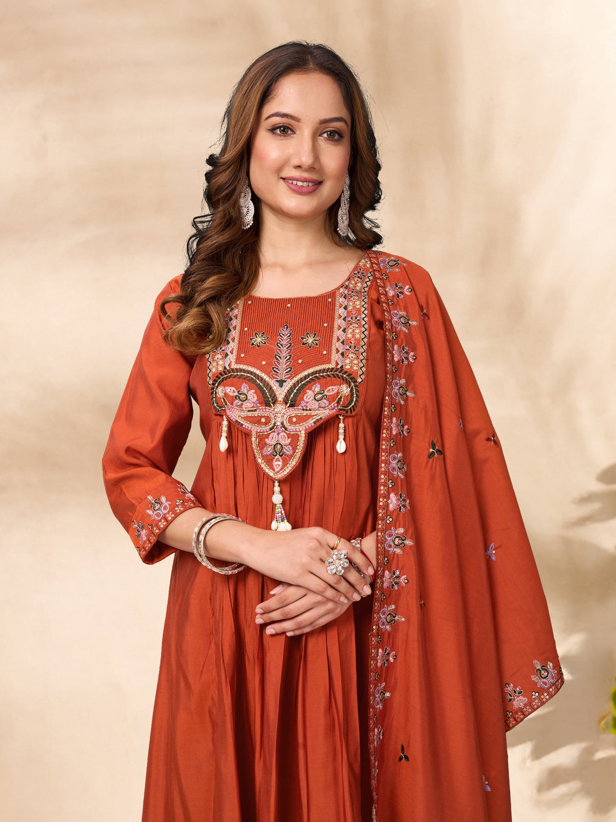 Lorenvalley Fashion Rust Roman Silk Multi Sequence Embroidery Thread With Hand Work Anarkali Kurti Pant Dupatta | Grocsy