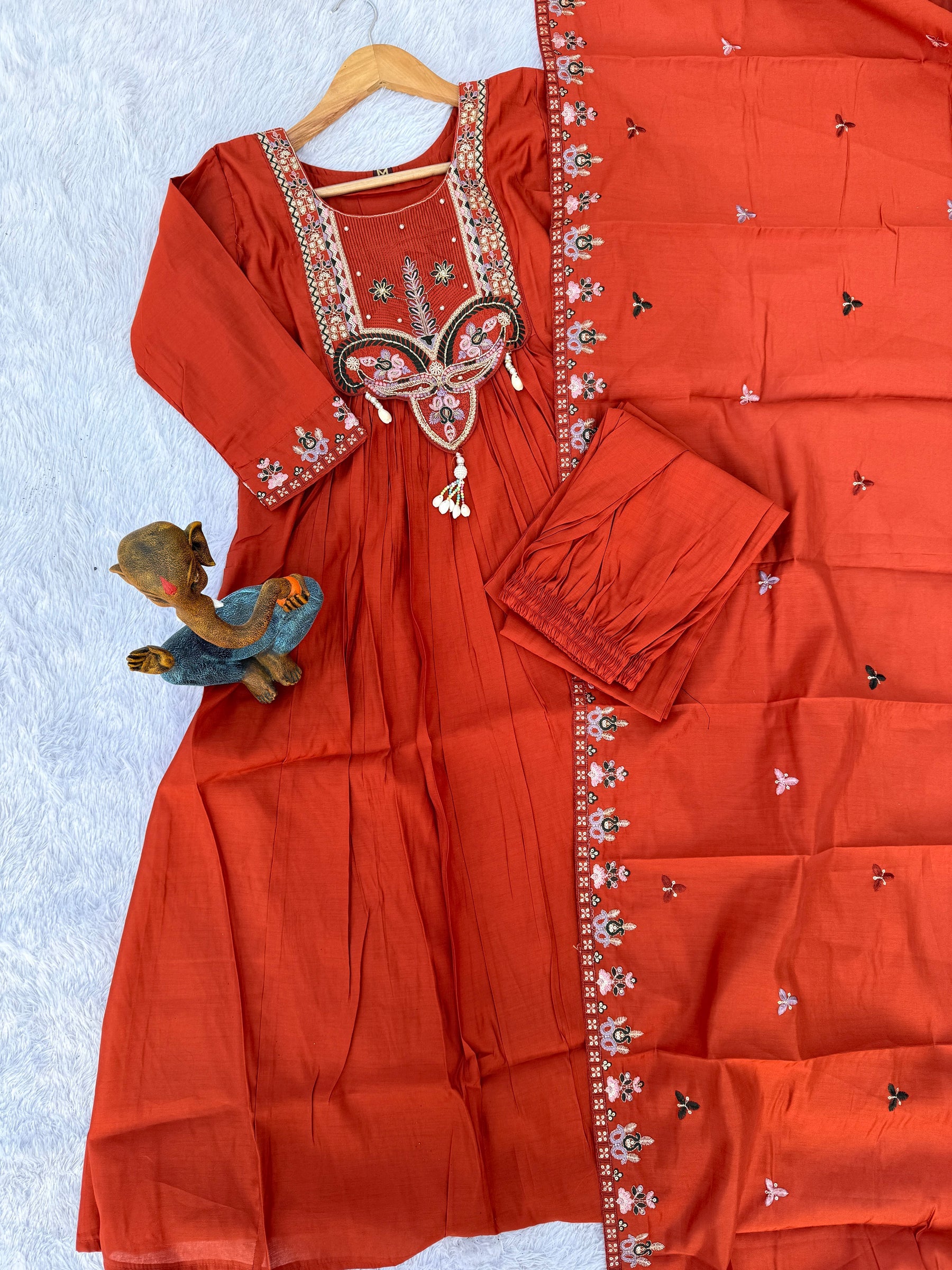 Lorenvalley Fashion Rust Roman Silk Multi Sequence Embroidery Thread With Hand Work Anarkali Kurti Pant Dupatta | Grocsy