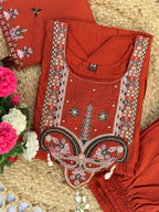 Lorenvalley Fashion Rust Roman Silk Multi Sequence Embroidery Thread With Hand Work Anarkali Kurti Pant Dupatta | Grocsy