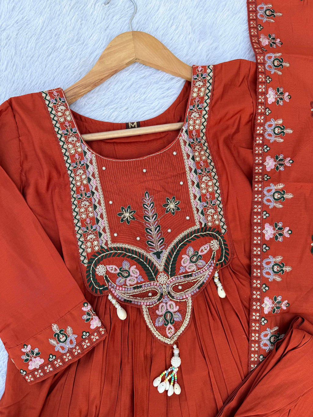 Lorenvalley Fashion Rust Roman Silk Multi Sequence Embroidery Thread With Hand Work Anarkali Kurti Pant Dupatta | Grocsy