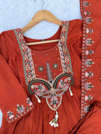 Lorenvalley Fashion Rust Roman Silk Multi Sequence Embroidery Thread With Hand Work Anarkali Kurti Pant Dupatta | Grocsy