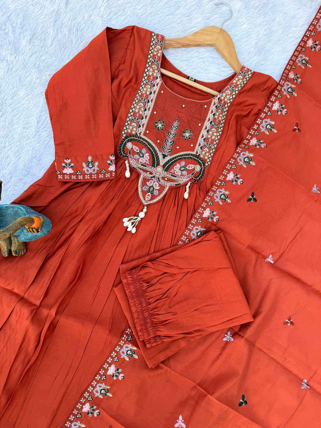 Lorenvalley Fashion Rust Roman Silk Multi Sequence Embroidery Thread With Hand Work Anarkali Kurti Pant Dupatta | Grocsy