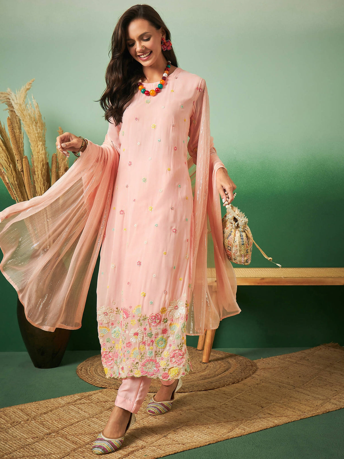 Peach Georgette Handwork Unstitched Dress Material - Hanika | Grocsy