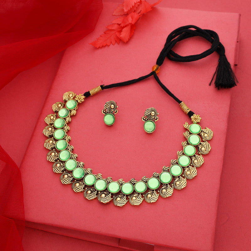 Tehzeeb Creations Sea Green Colour Gold-Polished Stone Jewellery Choker Necklace Set With Matching Pair of Stud Earrings | Grocsy