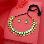 Tehzeeb Creations Sea Green Colour Gold-Polished Stone Jewellery Choker Necklace Set With Matching Pair of Stud Earrings | Grocsy