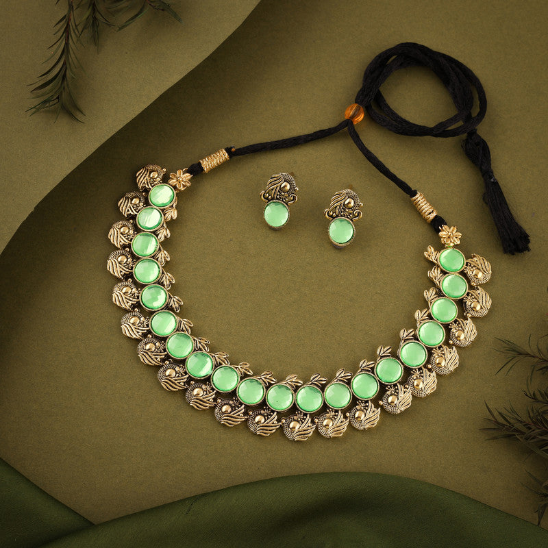 Tehzeeb Creations Sea Green Colour Gold-Polished Stone Jewellery Choker Necklace Set With Matching Pair of Stud Earrings | Grocsy