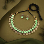 Tehzeeb Creations Sea Green Colour Gold-Polished Stone Jewellery Choker Necklace Set With Matching Pair of Stud Earrings | Grocsy
