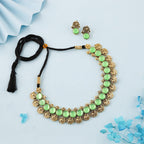Tehzeeb Creations Sea Green Colour Gold-Polished Stone Jewellery Choker Necklace Set With Matching Pair of Stud Earrings | Grocsy