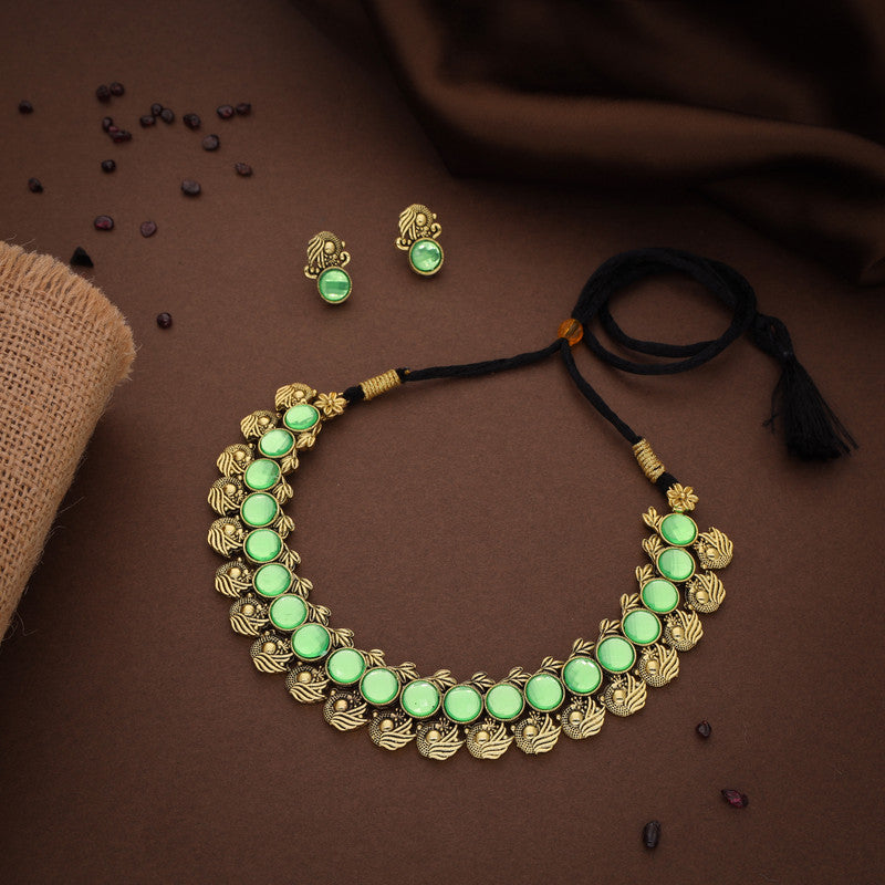 Tehzeeb Creations Sea Green Colour Gold-Polished Stone Jewellery Choker Necklace Set With Matching Pair of Stud Earrings | Grocsy