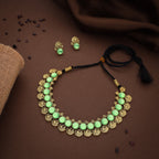 Tehzeeb Creations Sea Green Colour Gold-Polished Stone Jewellery Choker Necklace Set With Matching Pair of Stud Earrings | Grocsy