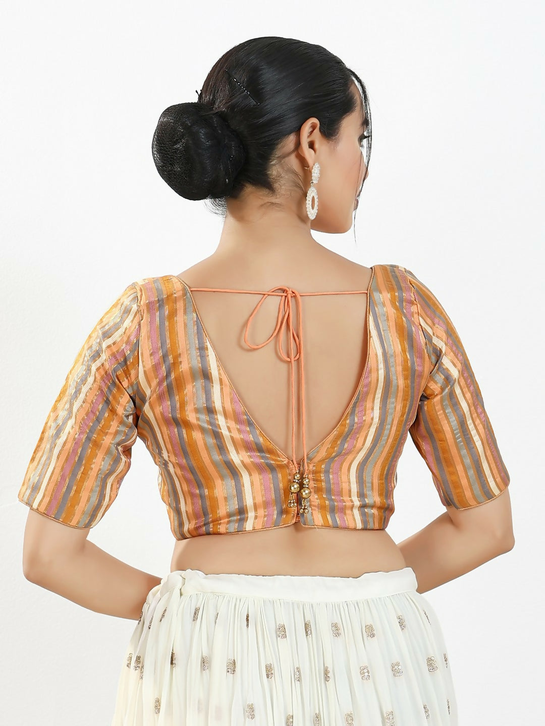 Joban Fashion Peach Multi Brocade Padded Blouse With V Neck Elbow Sleeves | Grocsy