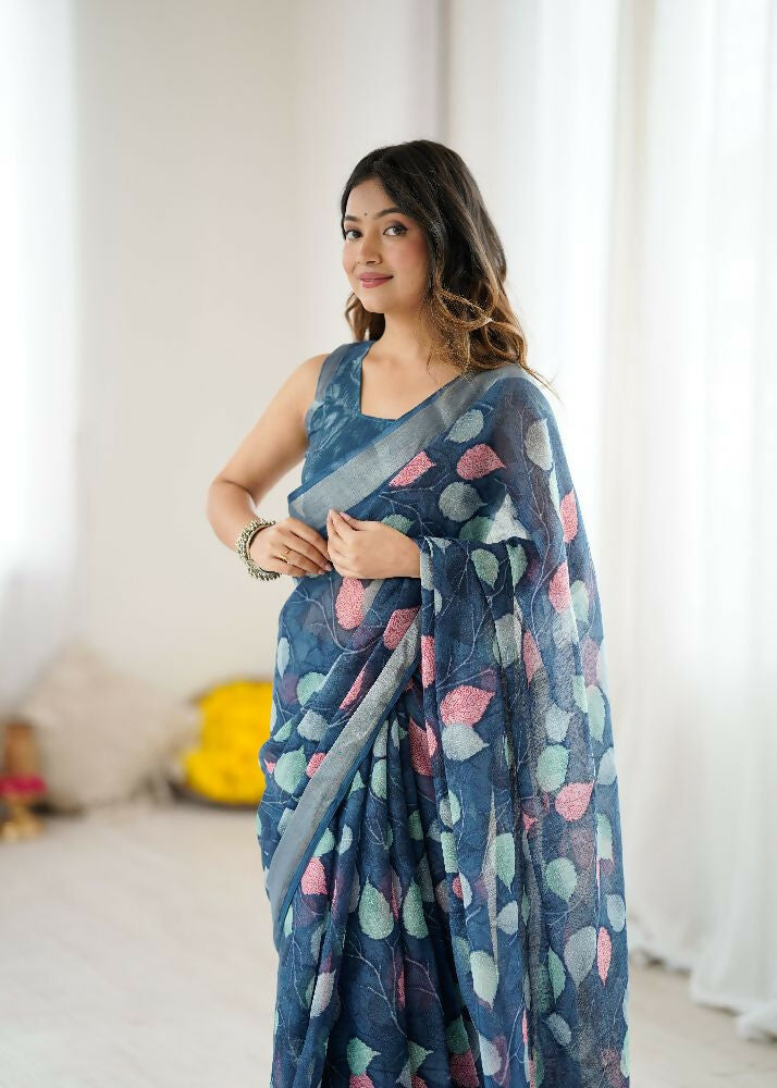 PR Fashion Dark_Blue Linen Patta Printed Saree | Grocsy