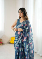 PR Fashion Dark_Blue Linen Patta Printed Saree | Grocsy