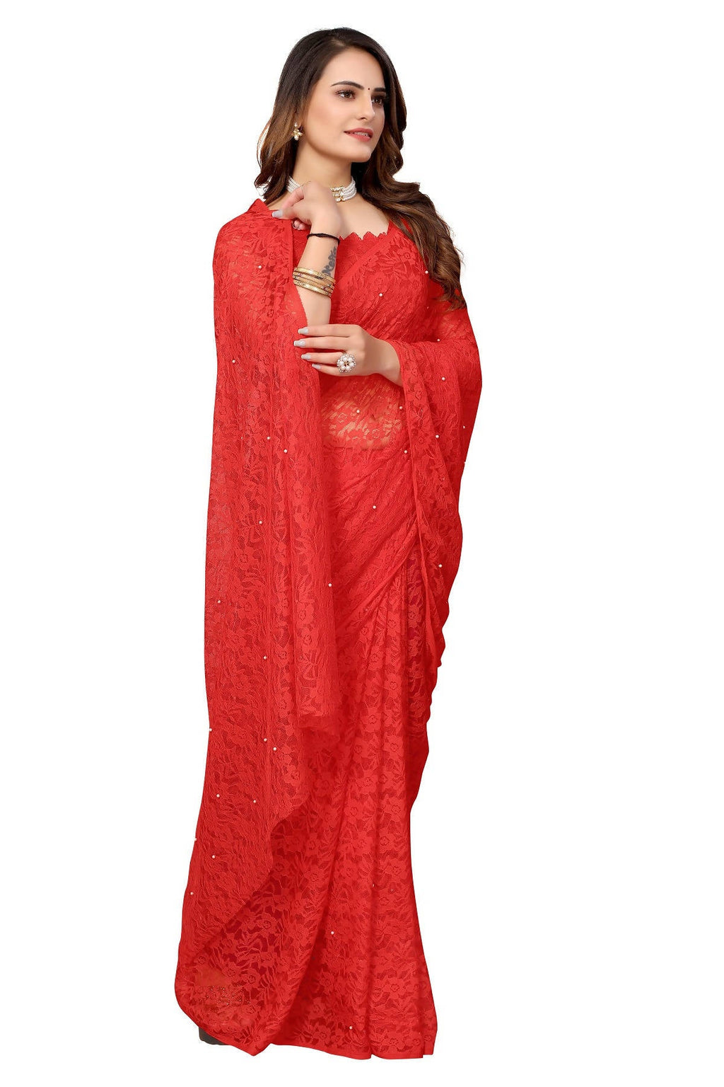 Vamika Ethnic Fire Red Pearls Net Saree | Grocsy