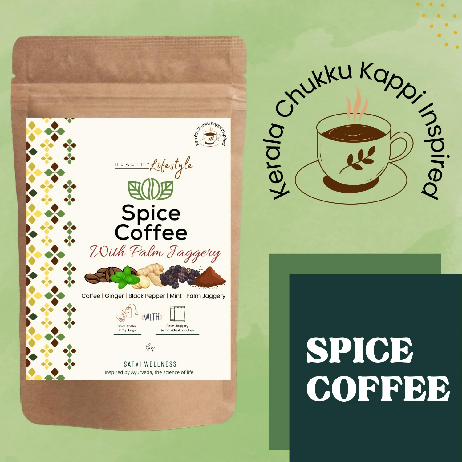 Satvi Wellness Chukkukappi With Mint And Palm Jaggery Blend Of Coffee Powder With Ginger, Black Pepper & Mint In Biodegradable Tea Bags | Spice and Mint Coffee | Herbal Infusions | Grocsy
