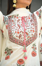 Yufta Women White Floral Printed Regular Pure Cotton Kurta with Trouser & With Dupatta | Grocsy