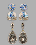 VOJ Set Of 2 Earrings- Blue Printed Jhumka With Black AD Studded Drop Earrings