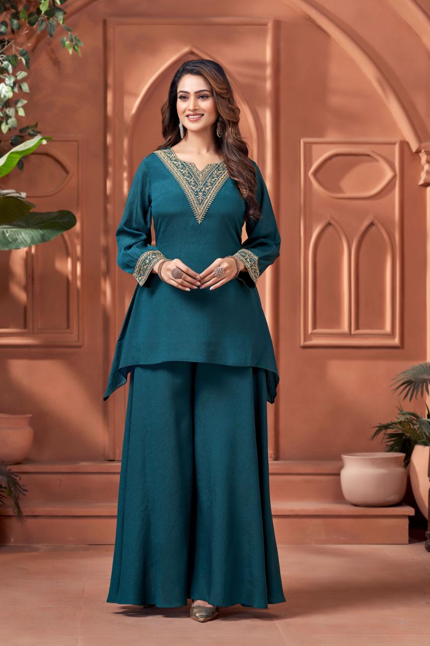 Anaita Teal Readymade Suit with Coding Work | Grocsy