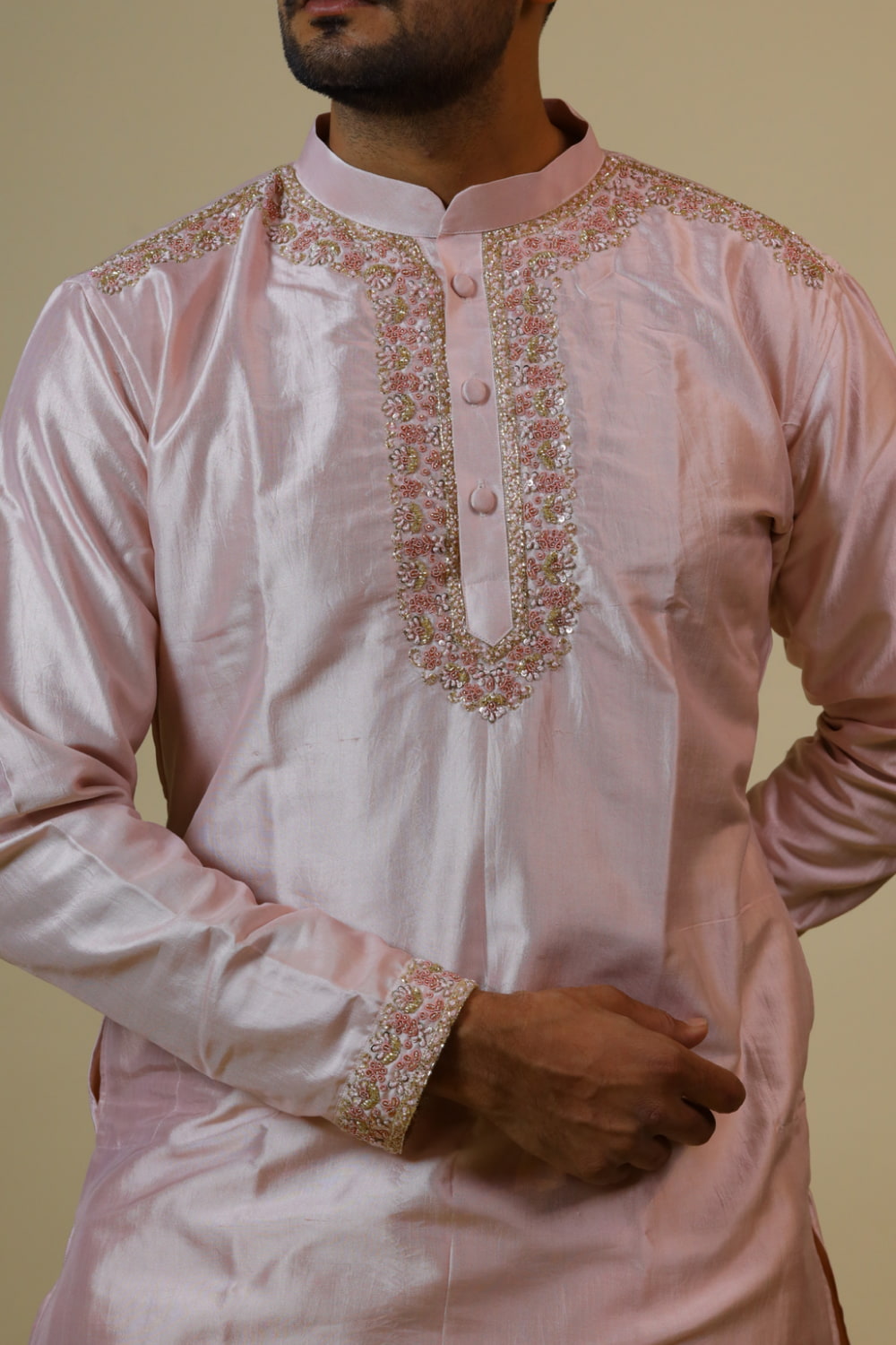 Light Coral Designer Men's Kurta by Hilo Design | Grocsy