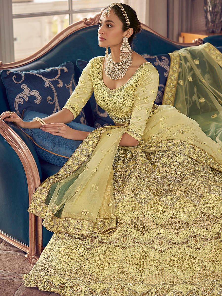 Myra Lime Yellow Crepe Embroidered Lehenga | Grocsy