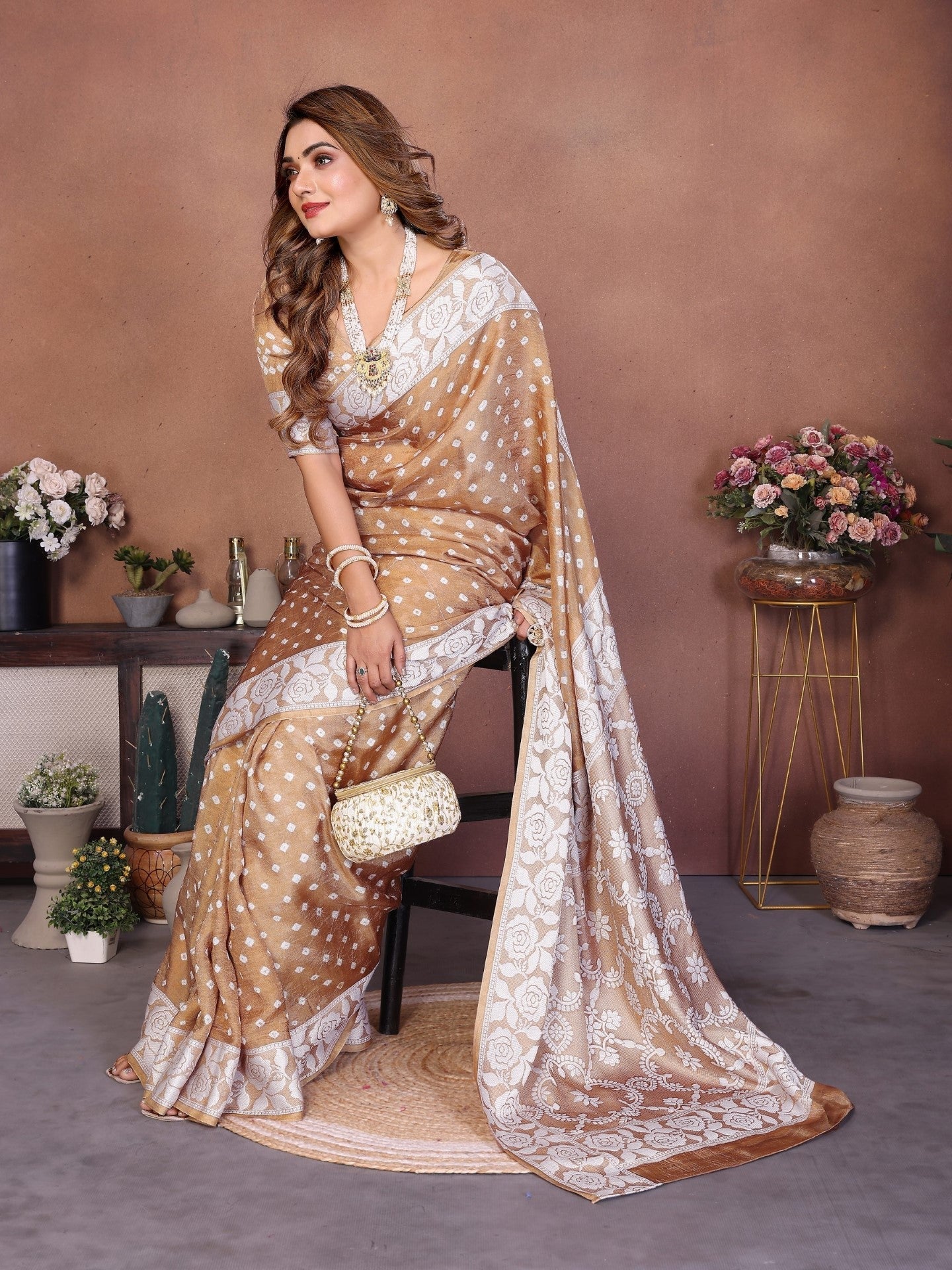 Anaita Cream Handmade Bandhej Viscose Silk Saree With Blouse | Grocsy