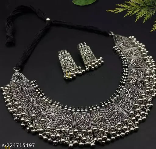 Tehzeeb Creations Women's German Silver Oxidised Necklace And Earrings | Grocsy