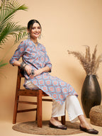 InWeave Women's Blue Pink Print Angrakha Style Straight Kurta Pant Set | Grocsy