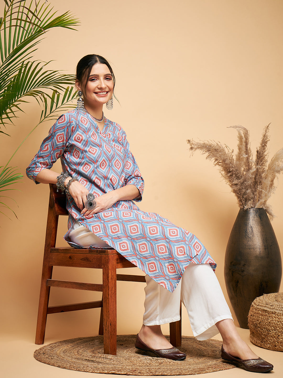 InWeave Women's Blue Pink Print Angrakha Style Straight Kurta Pant Set | Grocsy
