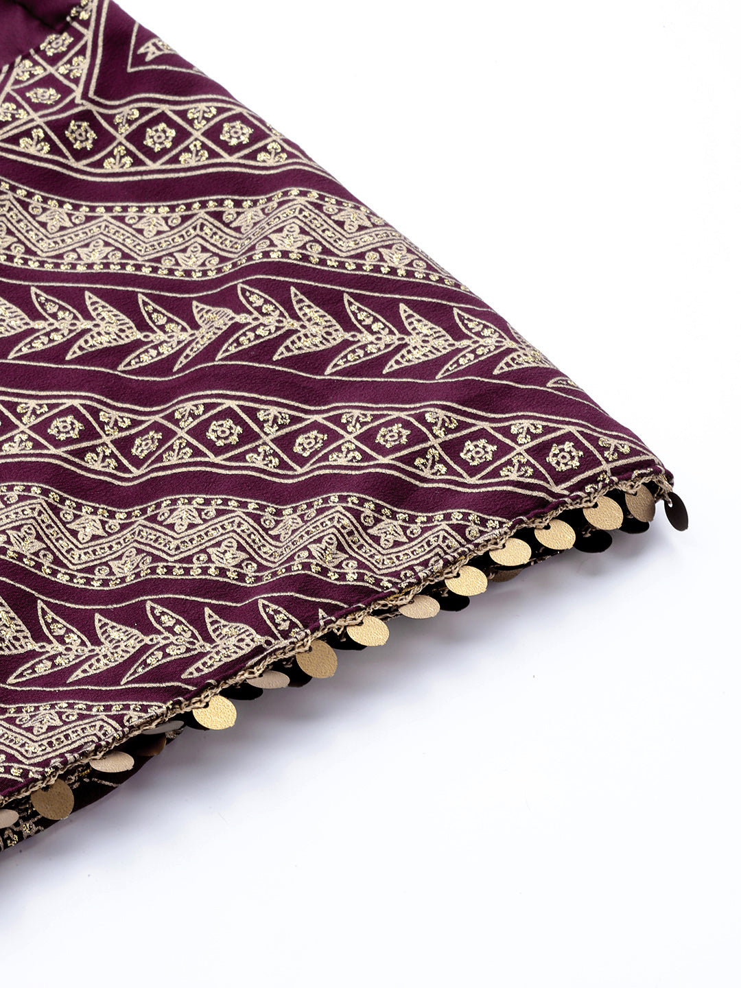 Indian Clothing Ahalyaa Purple & Gold-Toned Printed Sequinned Foil Print Ready to Wear Lehenga & Blouse With Dupatta | Grocsy