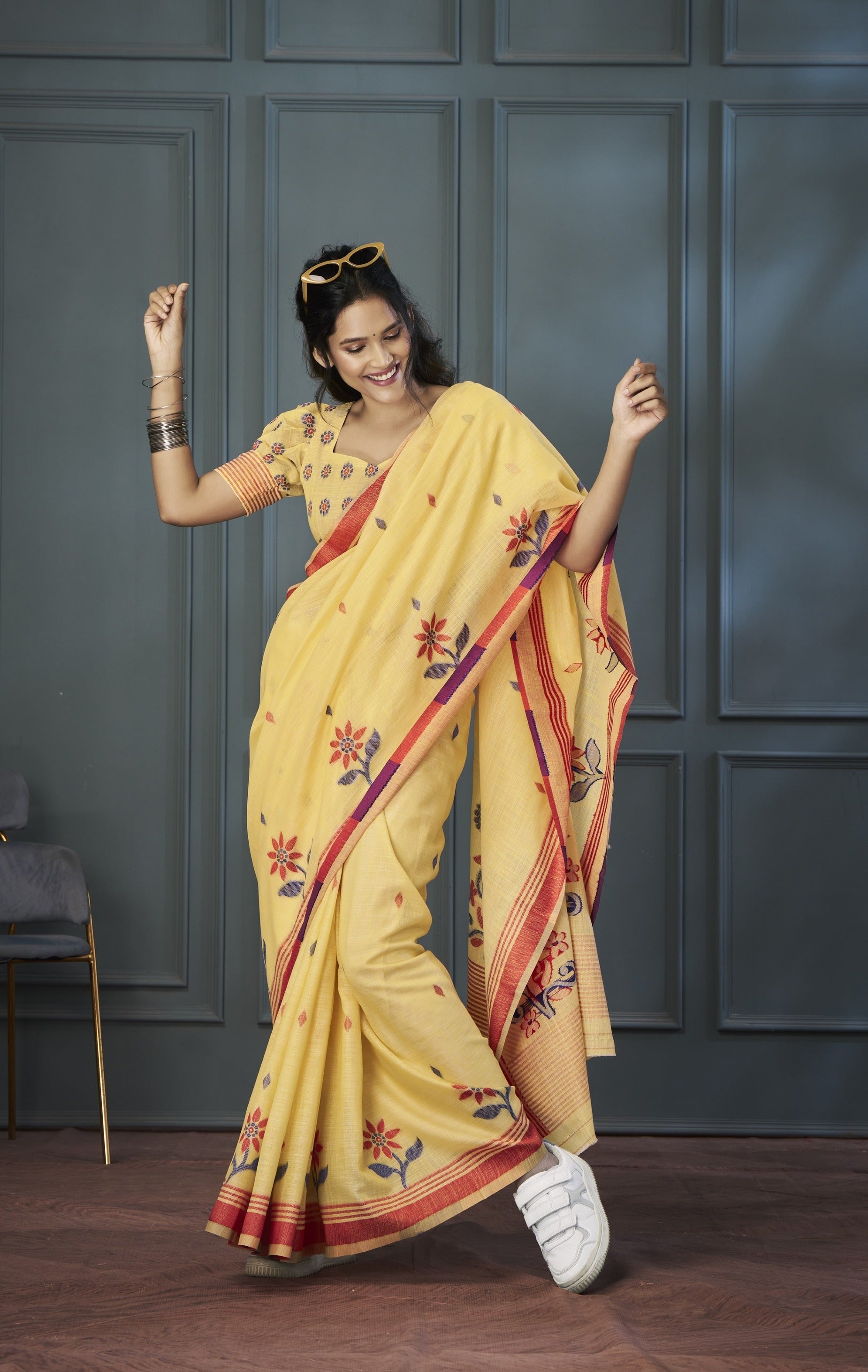 Anaita Yellow Designer Weaving Handloom Linen Saree With Blouse | Grocsy