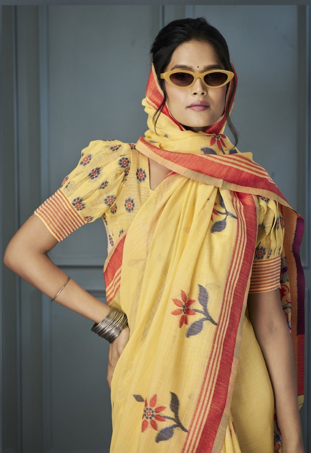 Anaita Yellow Designer Weaving Handloom Linen Saree With Blouse | Grocsy