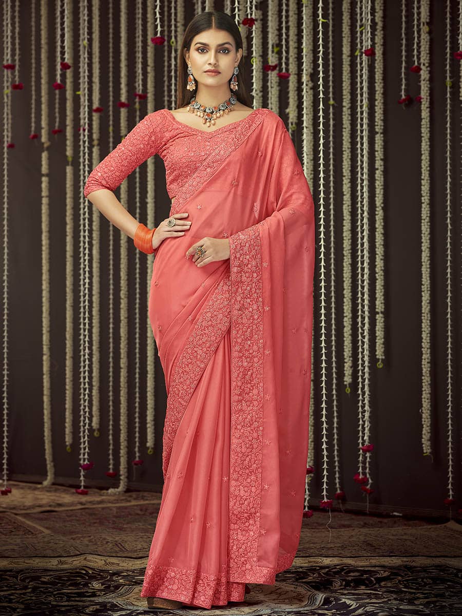 Myra Peach Organza Heavy Embroidered Saree | Grocsy