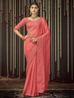 Myra Peach Organza Heavy Embroidered Saree | Grocsy