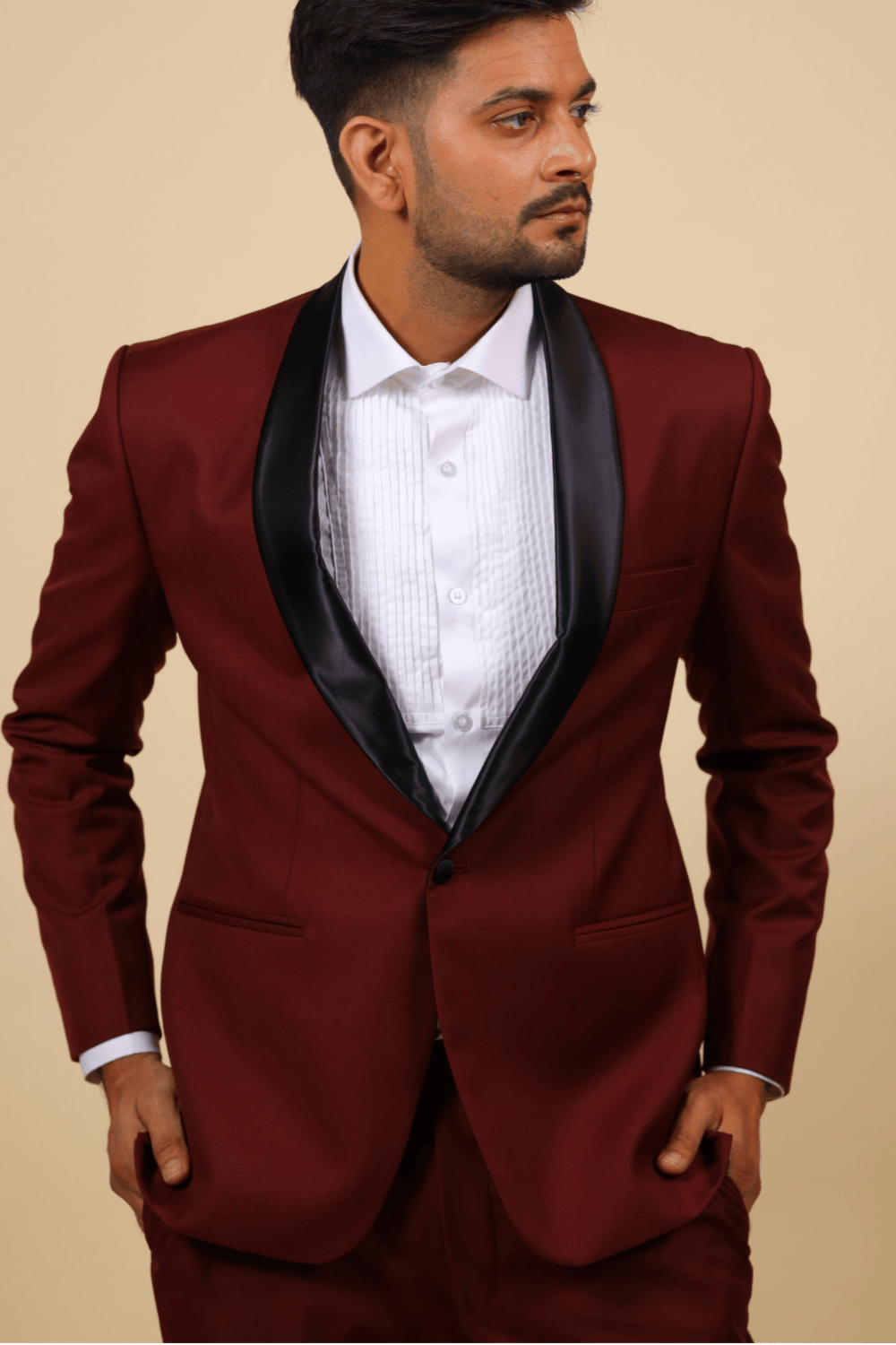 Burgundy Designer Tuxedo With Black Satin Lapels by Hilo Design | Grocsy