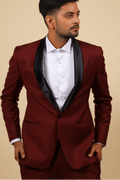 Burgundy Designer Tuxedo With Black Satin Lapels by Hilo Design | Grocsy