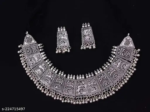 Tehzeeb Creations Women's German Silver Oxidised Necklace And Earrings | Grocsy