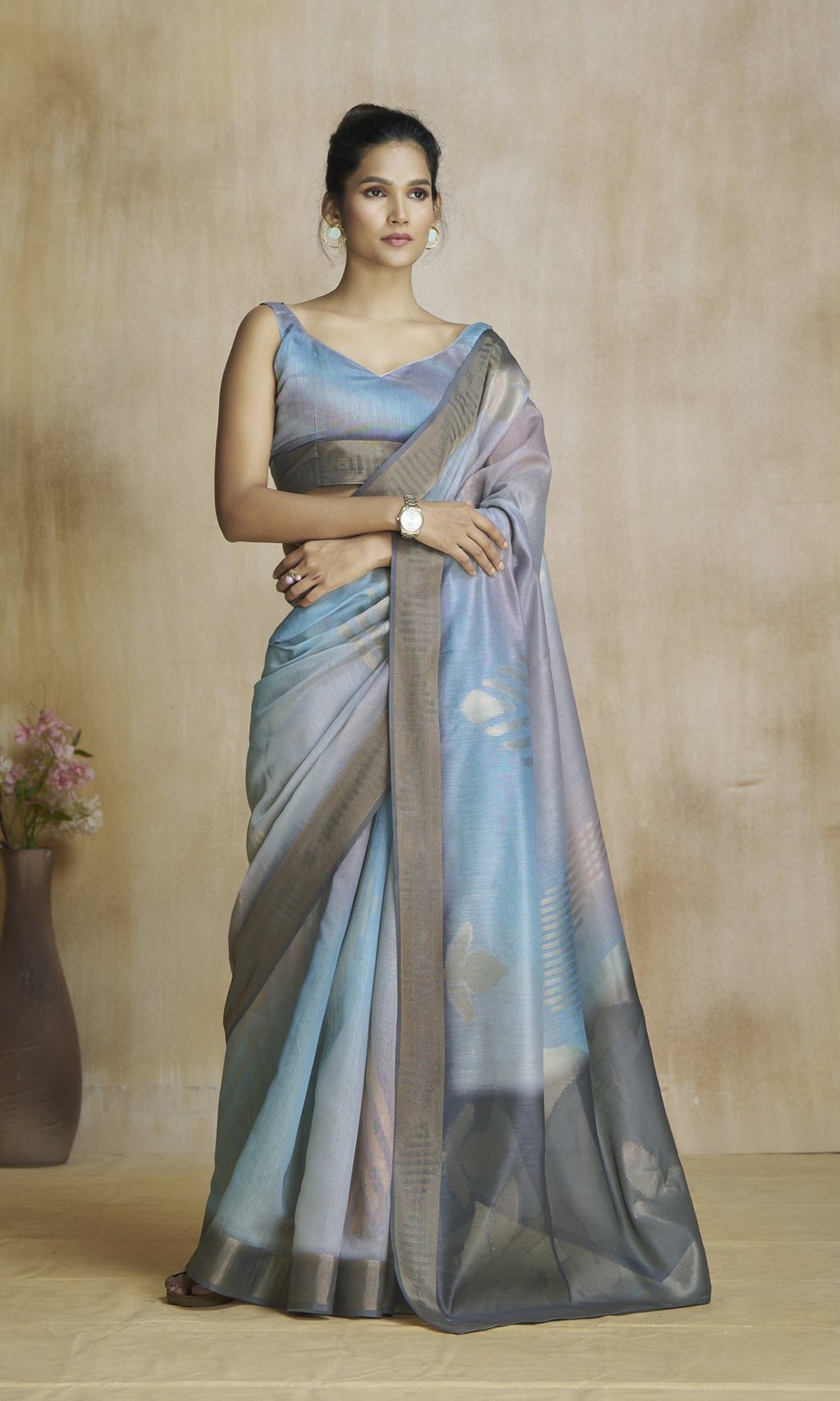 Anaita Dark Grey Fancy Fabric With Digital Print Saree With Blouse | Grocsy
