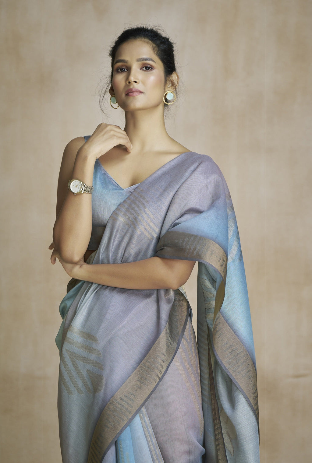 Anaita Dark Grey Fancy Fabric With Digital Print Saree With Blouse | Grocsy