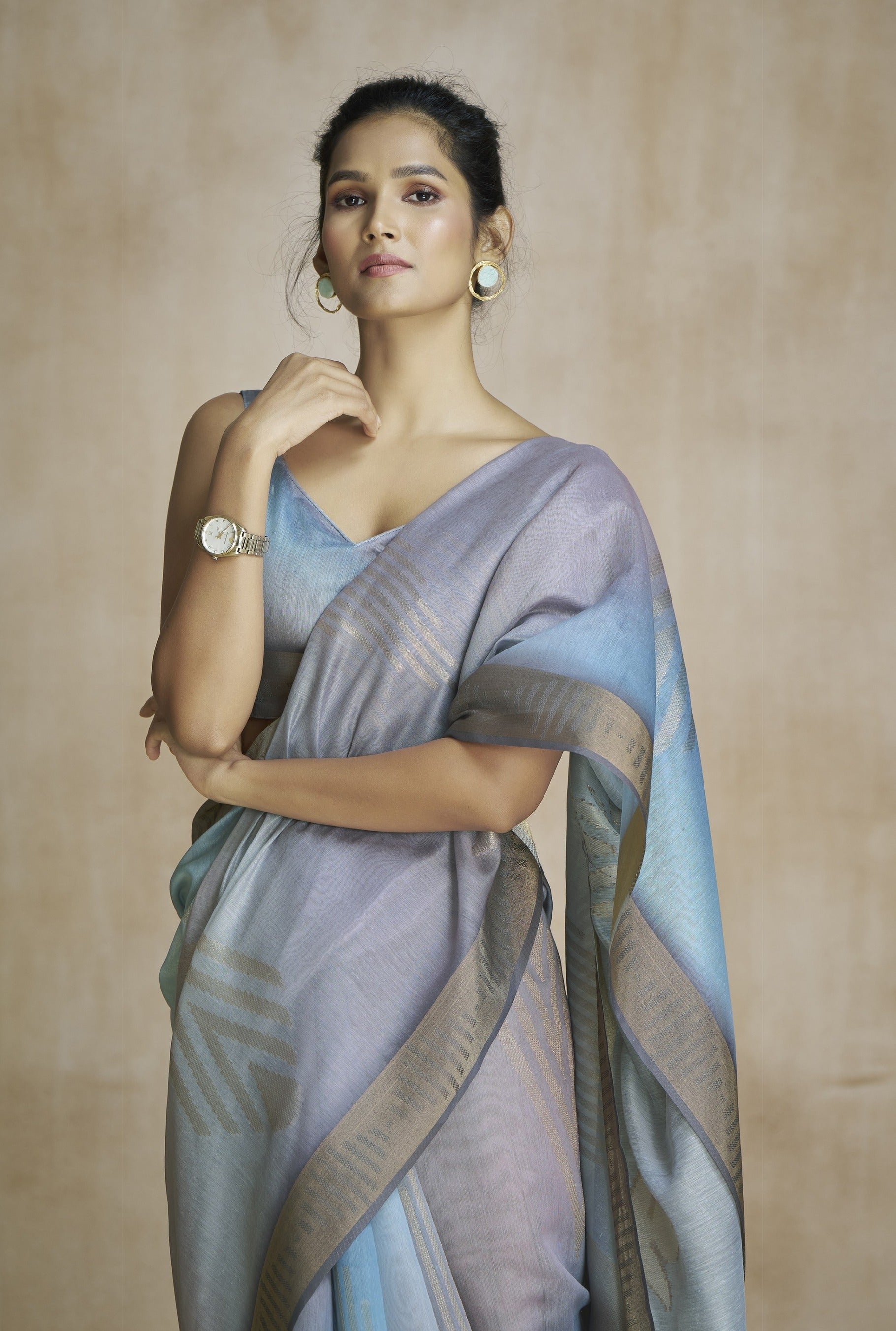 Anaita Dark Grey Fancy Fabric With Digital Print Saree With Blouse | Grocsy