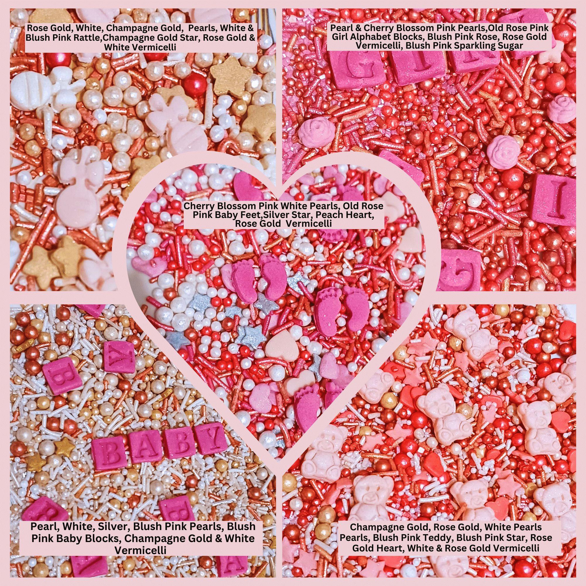 Confect Girls Baby Shower Sprinkles | Mix Silver, Gold & Blush pink Sprinkles Pack of 5 | Grocsy