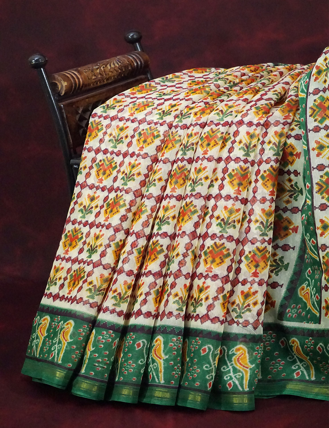 Shades of Off White And Mango Green Colour Patan Patola Semi Chanderi Saree By Gayathri Reddy Designer Studio | Grocsy