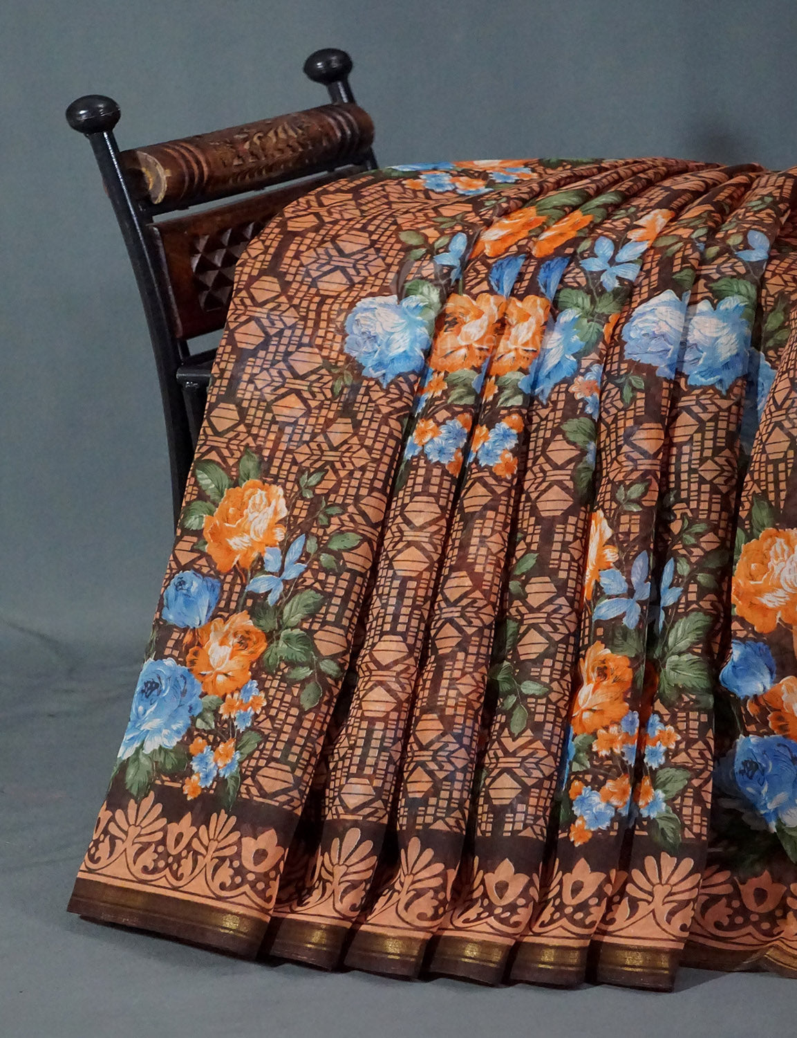 Shades of Dark Dry Mehendi Colour Floral Design Semi Chanderi Saree By Gayathri Reddy Designer Studio | Grocsy