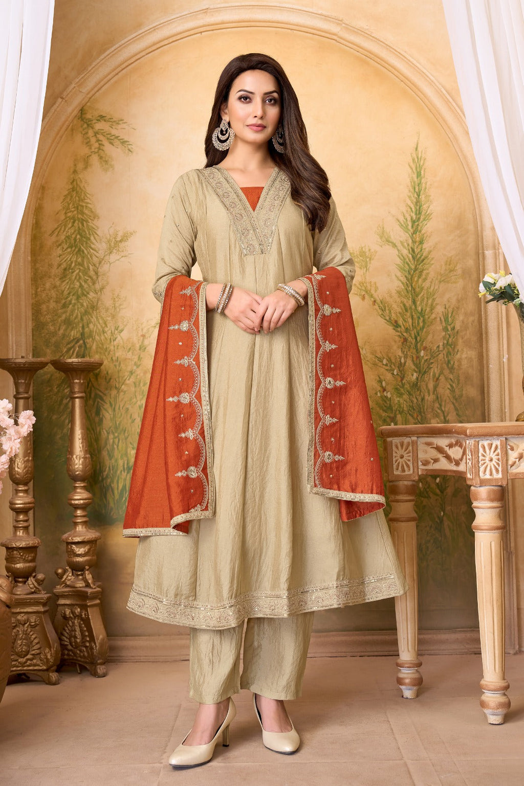 Anaita Cream Rust Anarkali Readymade Suit with Embroidery Work | Grocsy