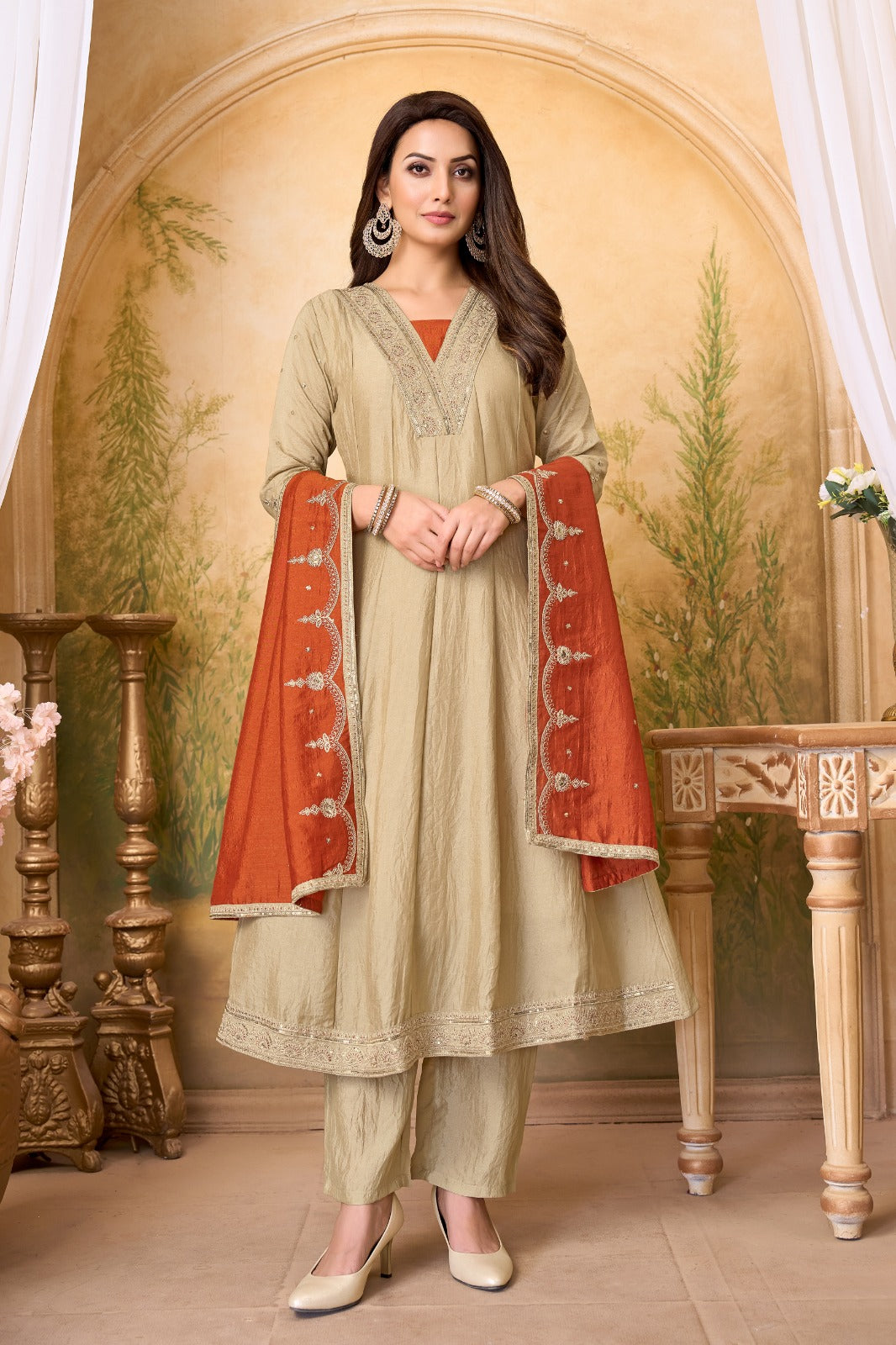 Anaita Cream Rust Anarkali Readymade Suit with Embroidery Work | Grocsy