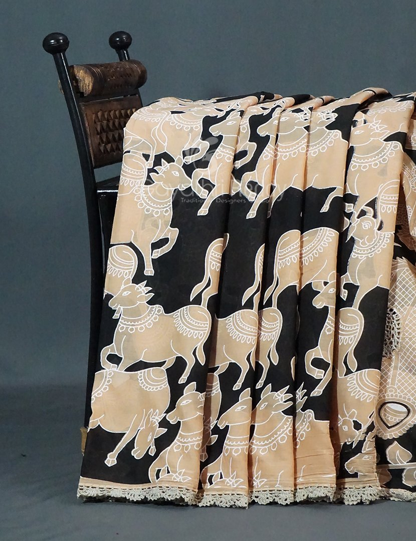 Black And Beige Combo Colour Pichwai Print Crocia Mulmul Cotton Saree By Gayathri Reddy Designer Studio | Grocsy