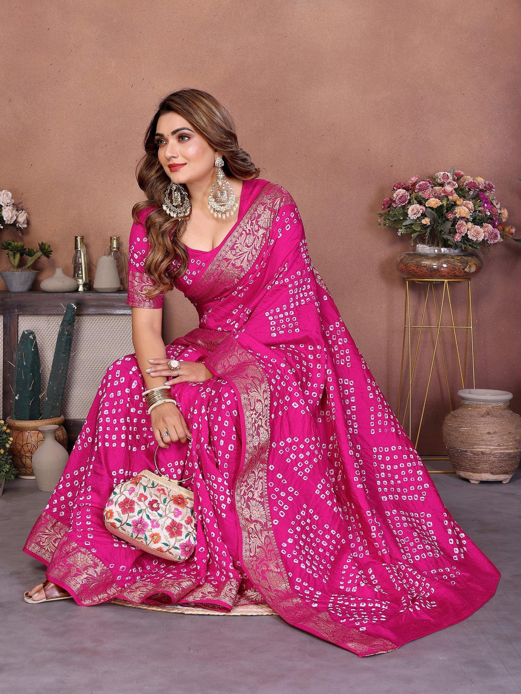 Anaita Pink Handmade Bandhej Viscose Silk Saree With Blouse | Grocsy