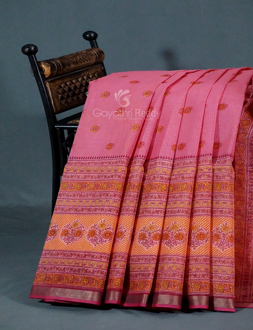 Light Pink And Rose Pink Colour Block Print Pure Kota Cotton Saree By Gayathri Reddy Designer Studio | Grocsy