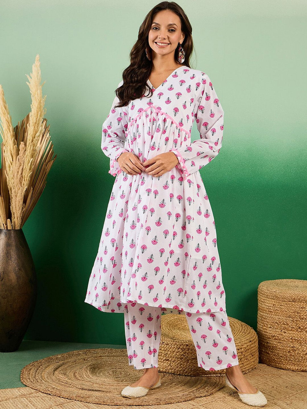 Sangria Floral Printed Pure Cotton Anarkali Kurta With Trouser | Grocsy